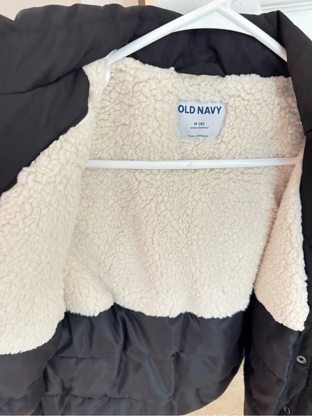 Old Navy Kids' Black Puffer Coat with Cream Sherpa Lining